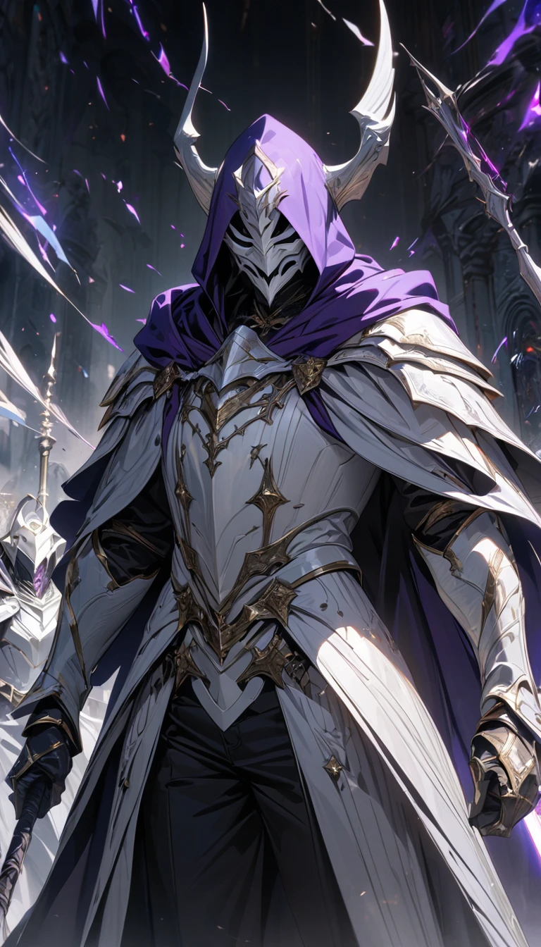 an adult man in a white villainous mask, purple hood and cloak, white sorcerer armor, some black trousers, a magic spear, and masks flying around, Masterpiece, best quality, Full HD, 8k, ultra details, great graphic