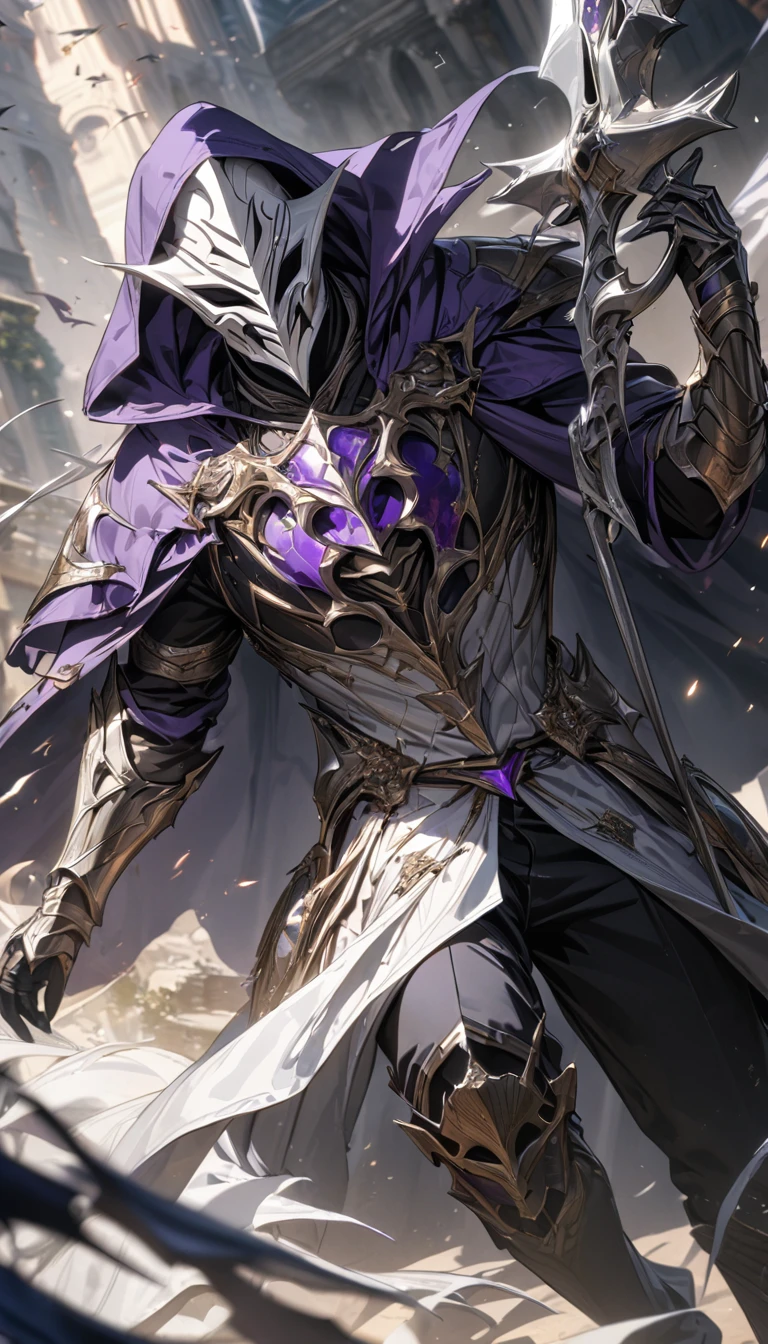 an adult man in a white villainous mask, purple hood and cloak, white sorcerer armor, some black trousers, a magic spear, and masks flying around, Masterpiece, best quality, Full HD, 8k, ultra details, great graphic