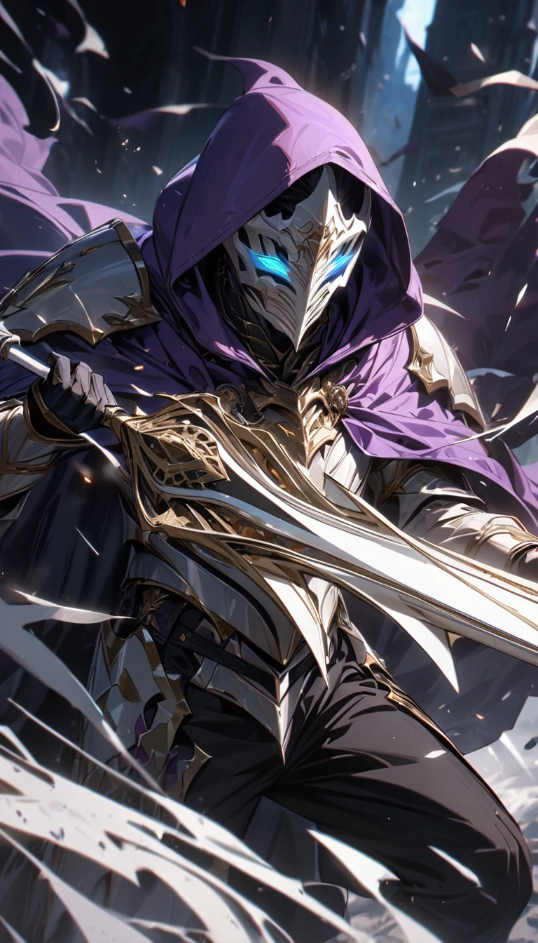 an adult man in a white villainous mask, purple hood and cloak, white sorcerer armor, some black trousers, a magic spear, and masks flying around, Masterpiece, best quality, Full HD, 8k, ultra details, great graphic