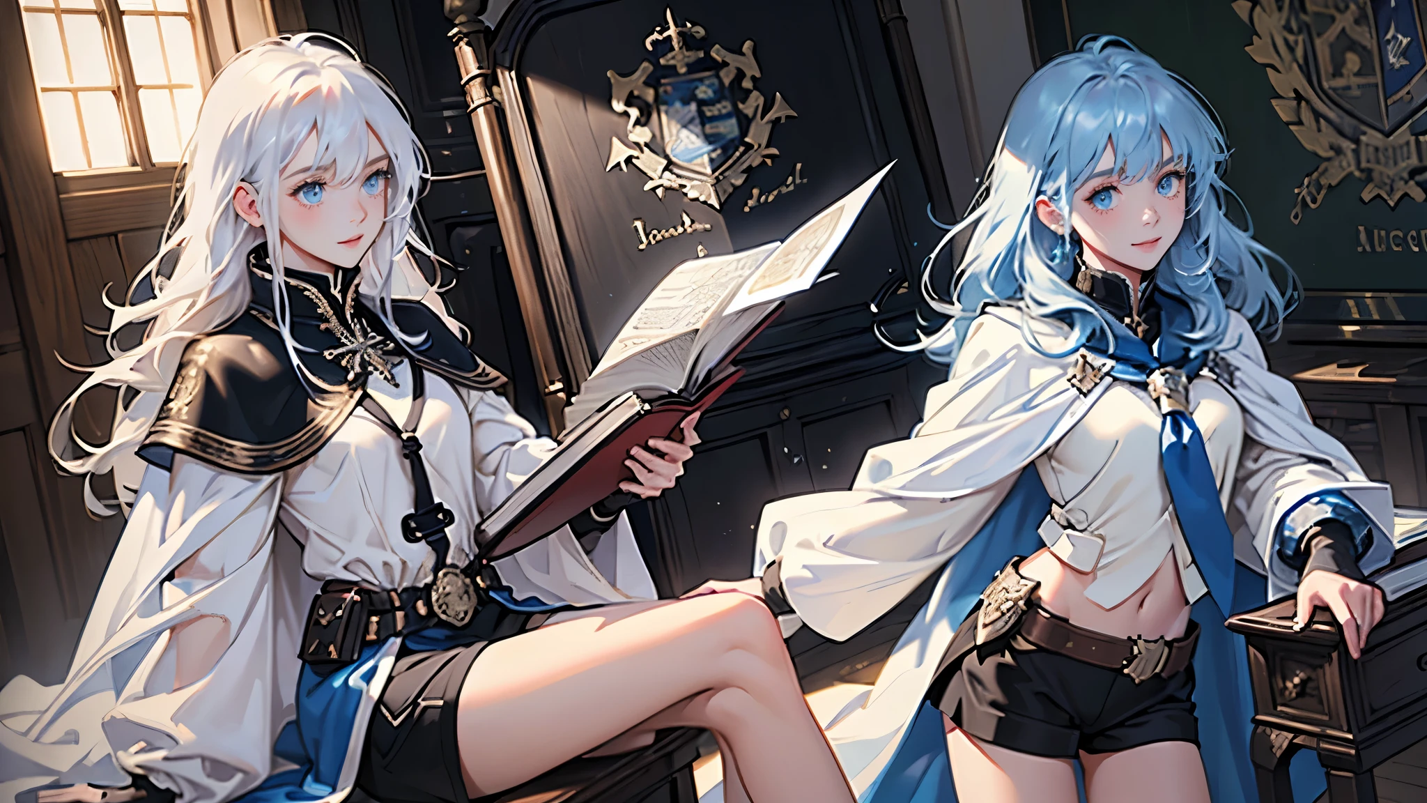 masterpiece, ultra detailed, 8K Portrait, Raw photo, (((((2 girls))))), girls photography, full body, Highly detailed face, ((Fantasy)), 15 years old, (((classmates))), smile, various hairstyles and hair color, (((white long tunic with a single vertical blue line))), (((black shorts))), (((white cape with coat of arms))), (((little waist hip pouch))), leather boots, various pose, ((holding magic book)), In the classroom of the medieval magic school, sitting, Midday Sun, Hyper realistic, Ambient lighting, Shadow details , Camera focus on face, strong breeze, Light fog
