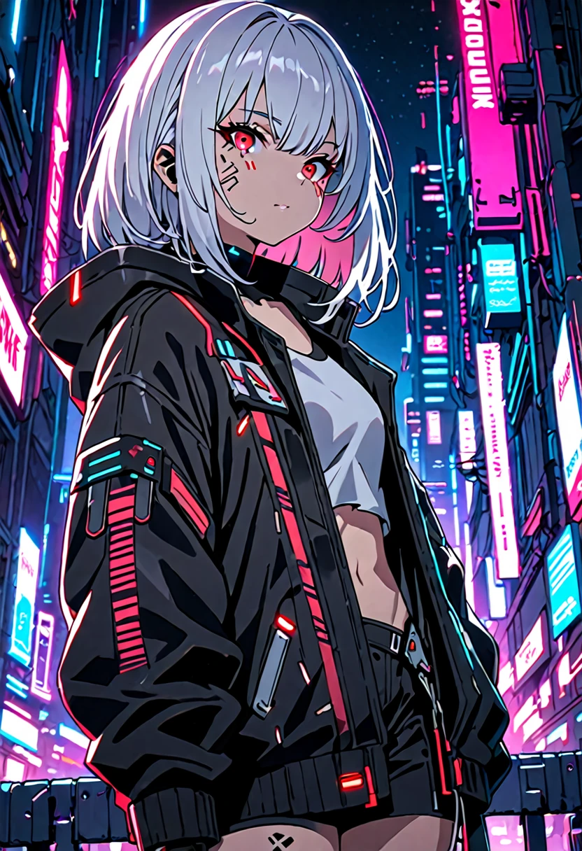 black clothes , masterpiece , , night , beauty , white hair , red eyes , cyberpunk , soft light , cyberpunk girl
