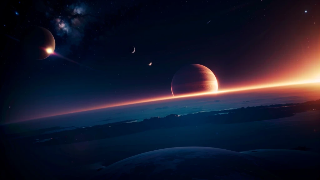 VERY CLOSE BLACK PLANETS ALMOST TOUCHING IN THE MIDDLE OF SPACE. 4k image, HIGH RESOLUTION AND HYPER REALISTIC, cinematic lighting, FURIOUS SUNSET SHOWS GRAVITATIONAL FIELD ABSORBING AND RELEASING MATTER MUTUALLY
