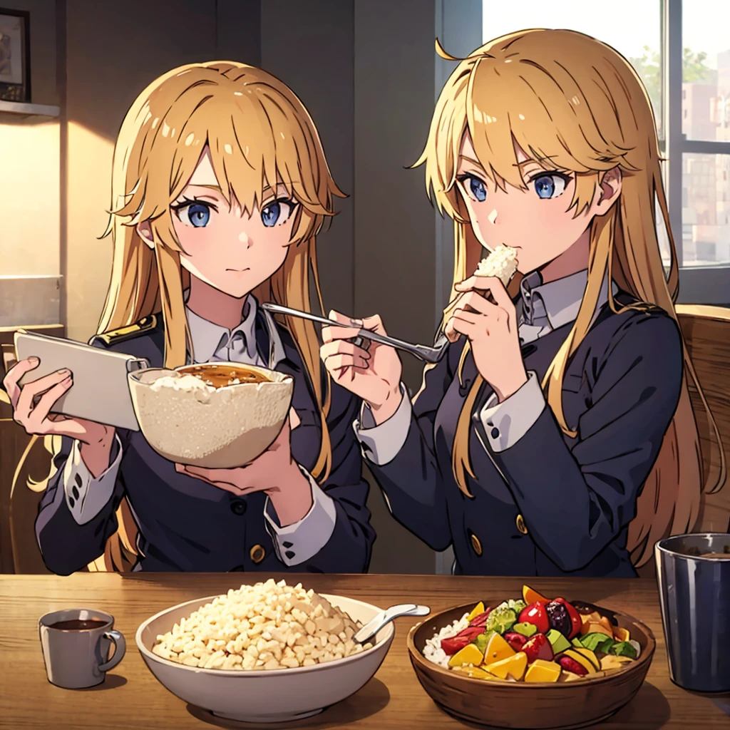 Cute anime illustration of a high school girl in uniform eating white rice