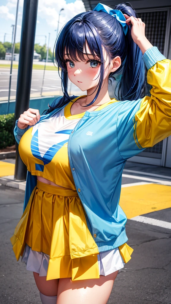 Beautiful woman dressed as a cheerleader、Blue hair ponytail、White cheergirl clothes、Yellow secondary co wear a long-sleeved undershirt underneath my clothes.、