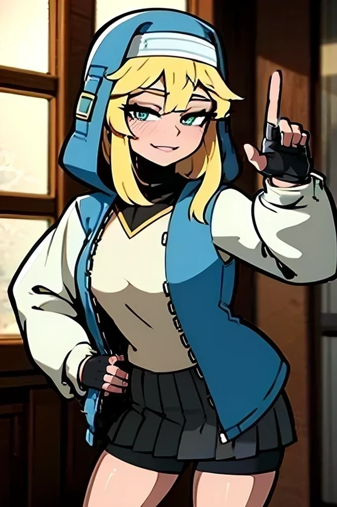 masterpiece, best quality, highres, (illustration:1.4), (beautiful detailed eyes), BREAK ggsbridget, turquoise eyes, (hooded jacket, long sleeves, black gloves, fingerless gloves, skirt, bike shorts) cowboy shot, sexy pose, BREAK Hands on Hips, (finger pointing,) smirk, evil smile,closed mouth, mastrubation, orgasm,blush, embarrassed,full lips, bedroom,indoors,