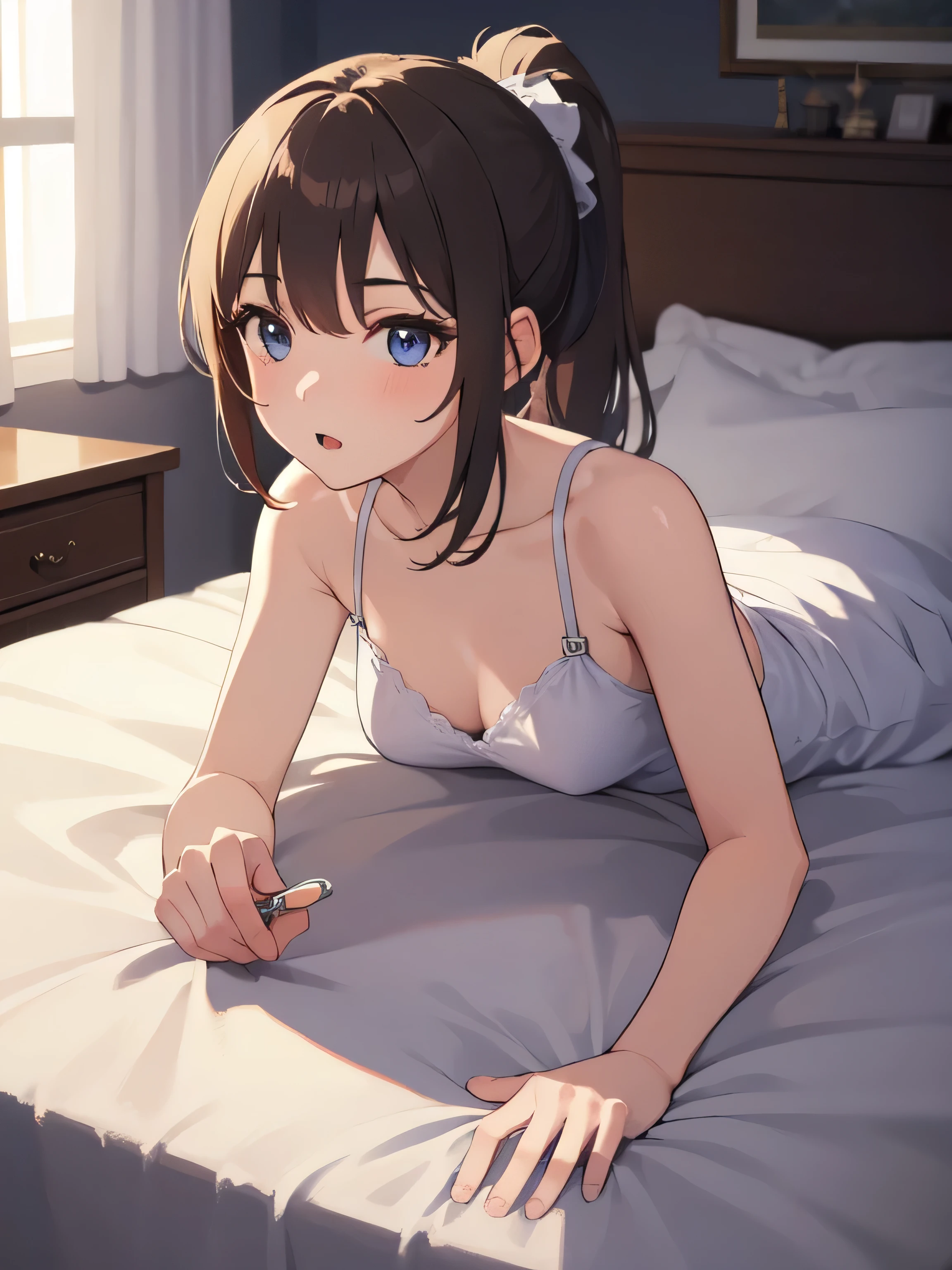 ((Highest quality)), ((masterpiece)), (detailed), beautiful girl,ponytail,Bedroom,Lie down on the bed