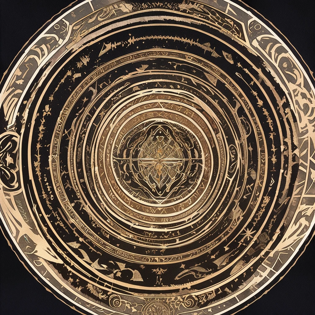circle, Convoluted, Fantasia, Ancient writings, Black backgroun, Fantastical, magic circles, planar, fine print, fine shape, bilaterally symmetrical, Geometry learned, no human, background only, shadowverse style, anime
