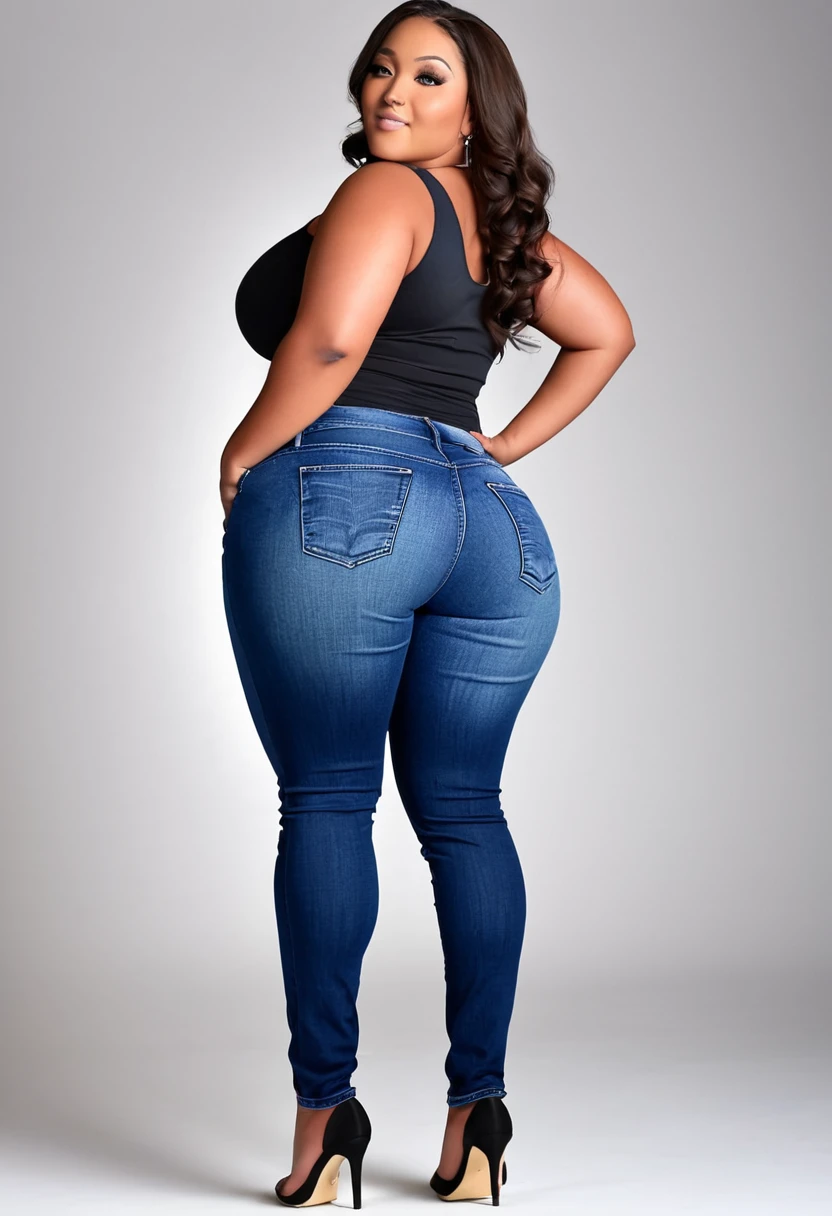 araffed woman in a tight jeans and heels posing for a picture, thick thigs, beautiful thick female, curvy accentuated booty, tight denim jeans, lit from behind, she has a jiggly fat round belly, wearing tight clothes, tight fit, skinny waist and thick hips, big booty, thick, thick legs, tight outfit
