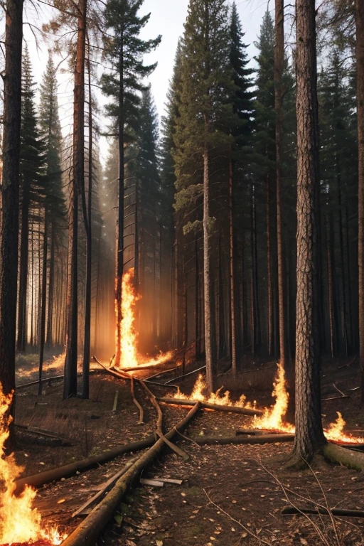 A forest on fire with fallen trees 
