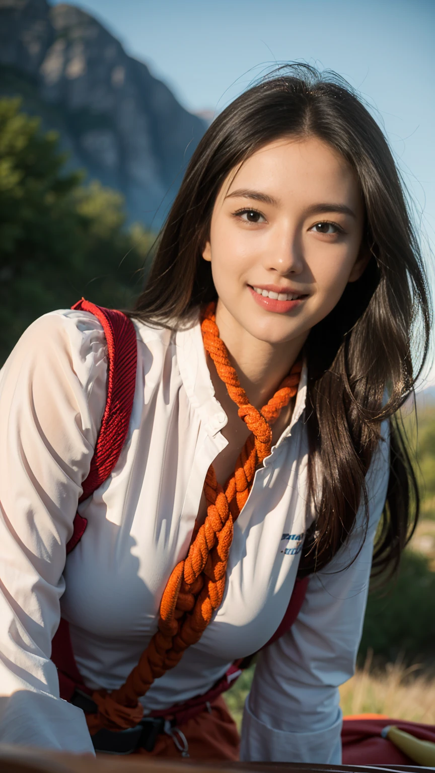 NSFW, ray tracing, radio city, Anisotropic filtering, 16,000, best quality, table top,1 girl, alone, mature, beautiful climber, Hiking clothes, gradient long hair, perfection, used to, complicated, rope, mountaineering equipment、laugh、orange sunset、big bust、valley