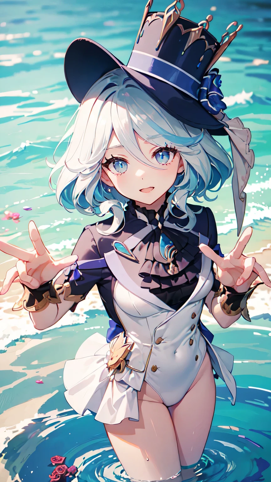 (White skirt),(((Wearing a small black hat)))Forrina, Surrealism, 8K, Super Detail, Hydraulic Archon, permanent, Naughty face, smug, beautiful eyes, masterpiece, high resolution, 8K, Anime woman, The writing is delicate and meticulous 、Detailed digital illustration、(((Genshin Impact))、Shiny hair、A very beautiful woman、High image quality, high quality、Detailed background、The inside of the eye sparkles like a diamond、(((Blue Hair)))、(((Scan your fringe)))、Gradient pupil、(((2 arms、4 fingers, 1 thumb)))、Detailed female face、A very beautiful woman、、Detailed background、masterpiece、Soft Focus , Bright gradient watercolor , lens flare , (((flash))) , glow , excellent ,、((Very beautiful light blue rose hair accessories)), Swimsuit,Beach Background,Standing in water swimming