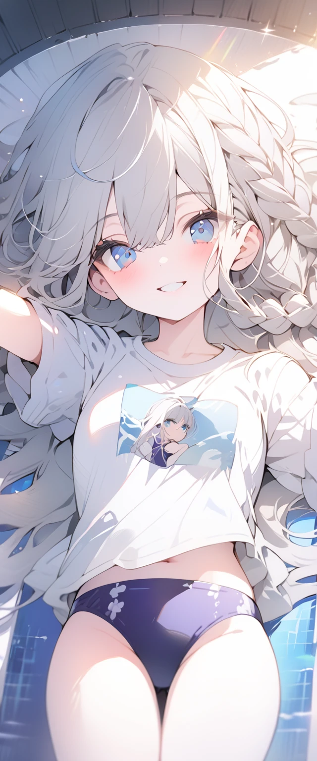 beautiful, masterpiece, Highest quality, anime, One girl,Portrait Shot, View your viewers, Covered、Long Hair、nearby、Blue Eyes、art、White hair,black streaked hair、Thighs、Braid、Light White_T-Shirts、 Purple Bikini、Pool、Bright、smile、Lying on your back