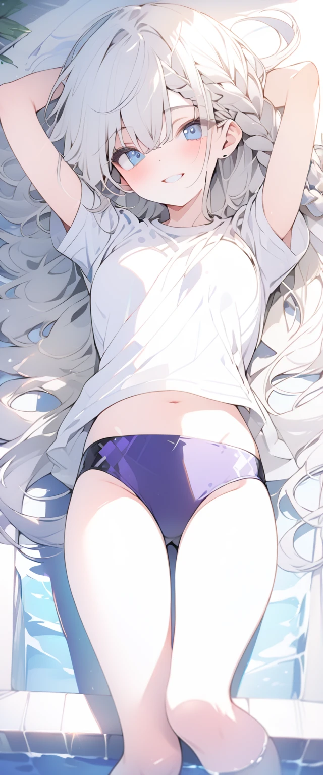 beautiful, masterpiece, Highest quality, anime, One girl,Portrait Shot, View your viewers, Covered、Long Hair、nearby、Blue Eyes、art、White hair,black streaked hair、Thighs、Braid、Light White_T-Shirts、 Purple Bikini、Pool、Bright、smile、Lying on your back