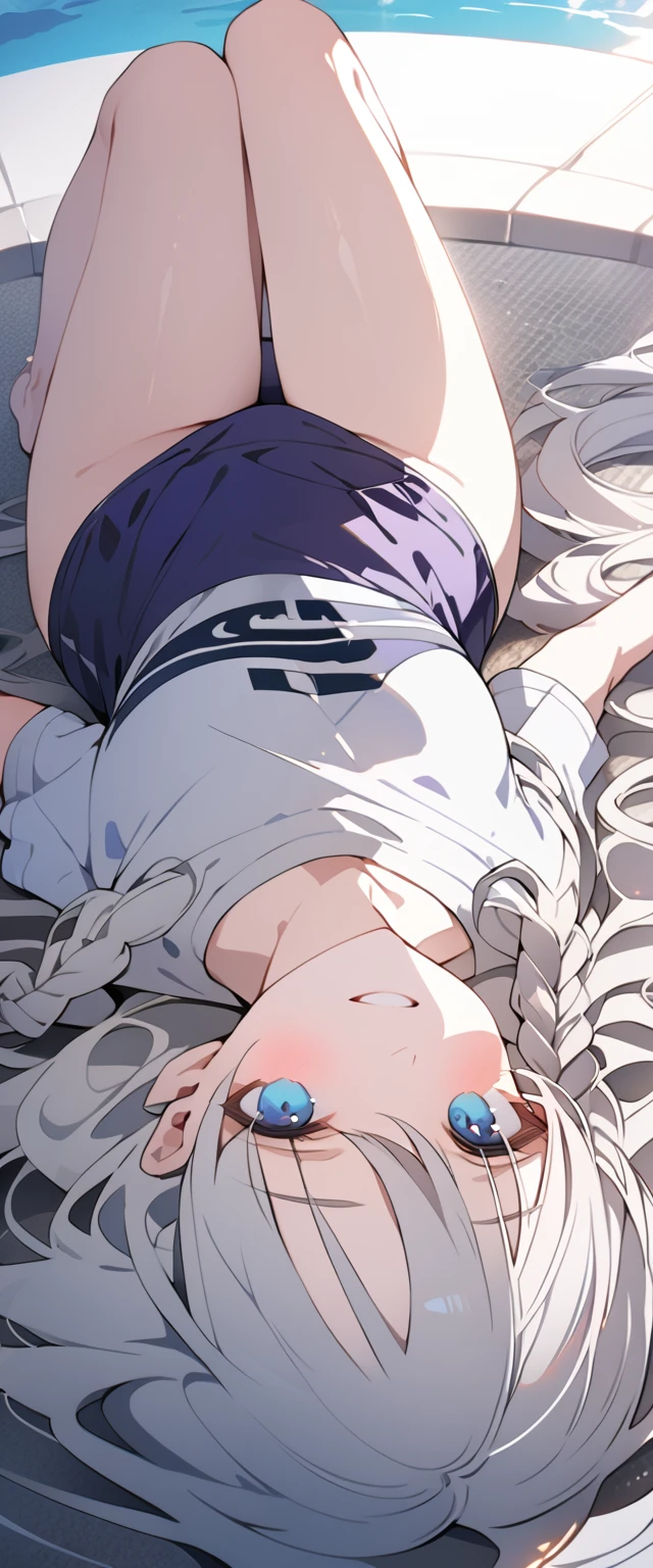 beautiful, masterpiece, Highest quality, anime, One girl,Portrait Shot, View your viewers, Covered、Long Hair、nearby、Blue Eyes、art、White hair,black streaked hair、Thighs、Braid、Light White_T-Shirts、 Purple Bikini、Pool、Bright、smile、Lying on your back