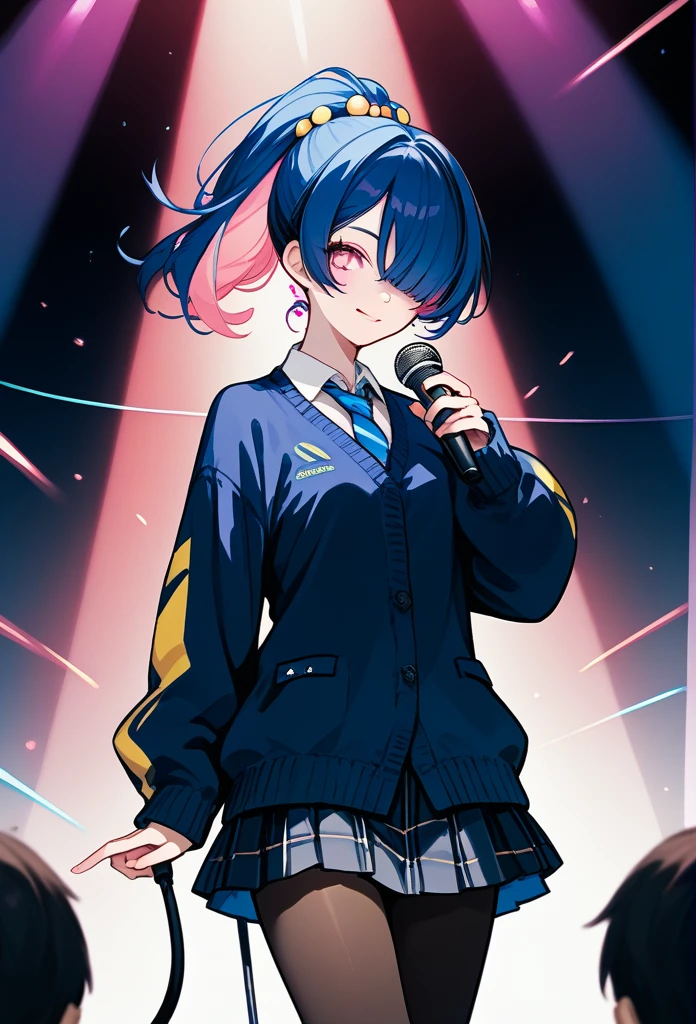 mature woman, mature face, pink eyes, shy expression, shy face, nervous smile, glossy lips, ponytail hair, (blue hair color, pink gradient hair color, azure color hair), bangs covering left eye, left blinding bangs hairstyle, mature body, small breasts, dark blue cardigan, short skirt, navy color skirt, pantyhose, idol, stage, holding microphone, (idol pose)