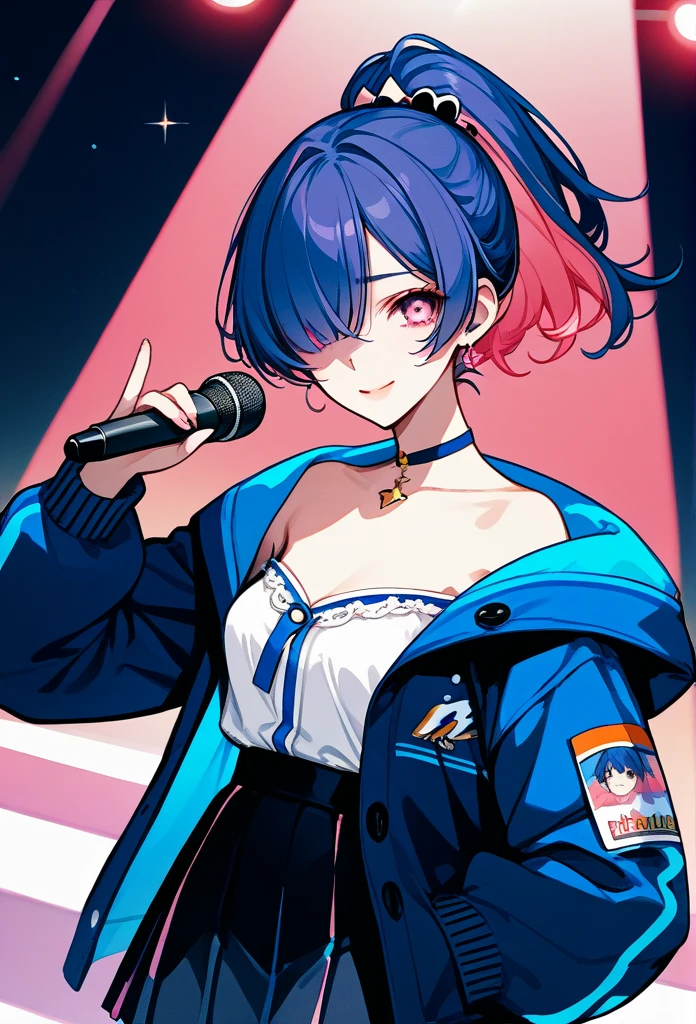 mature woman, mature face, pink eyes, shy expression, shy face, nervous smile, glossy lips, ponytail hair, (blue hair color, pink gradient hair color, azure color hair), bangs covering left eye, left blinding bangs hairstyle, mature body, small breasts, dark blue cardigan, short skirt, navy color skirt, pantyhose, idol, stage, holding microphone, (idol pose) 