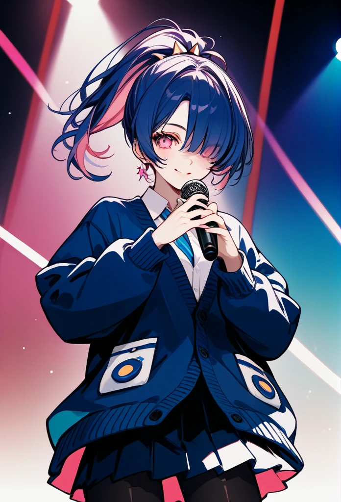 mature woman, mature face, pink eyes, shy expression, shy face, nervous smile, glossy lips, ponytail hair, (blue hair color, pink gradient hair color, azure color hair), bangs covering left eye, left blinding bangs hairstyle, mature body, small breasts, dark blue cardigan, short skirt, navy color skirt, pantyhose, idol, stage, holding microphone, (idol pose)