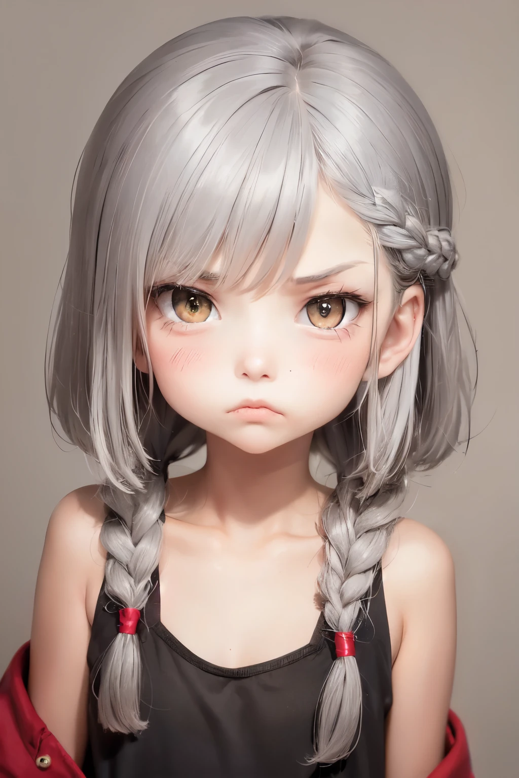 (No background), ((cute)), (Gray Hair), (Braid), , Cute angry face, Pouting