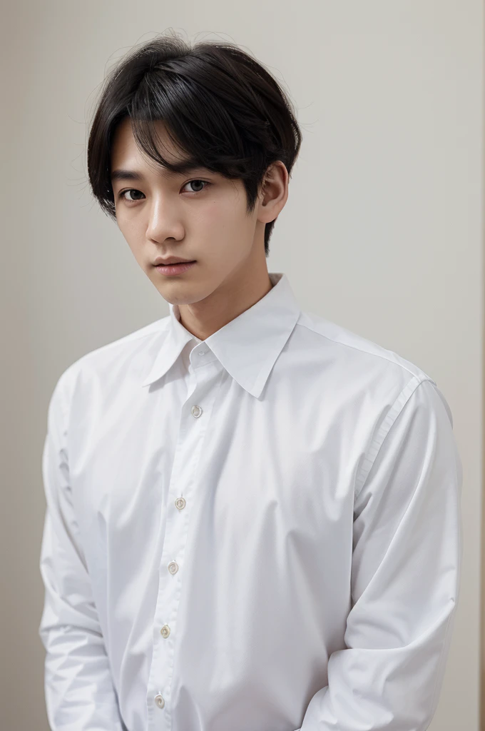 Boy,handsome,twin,black haired,Korea,comma hair hairstyle,flat expression,wearing a long-sleeved white collared shirt