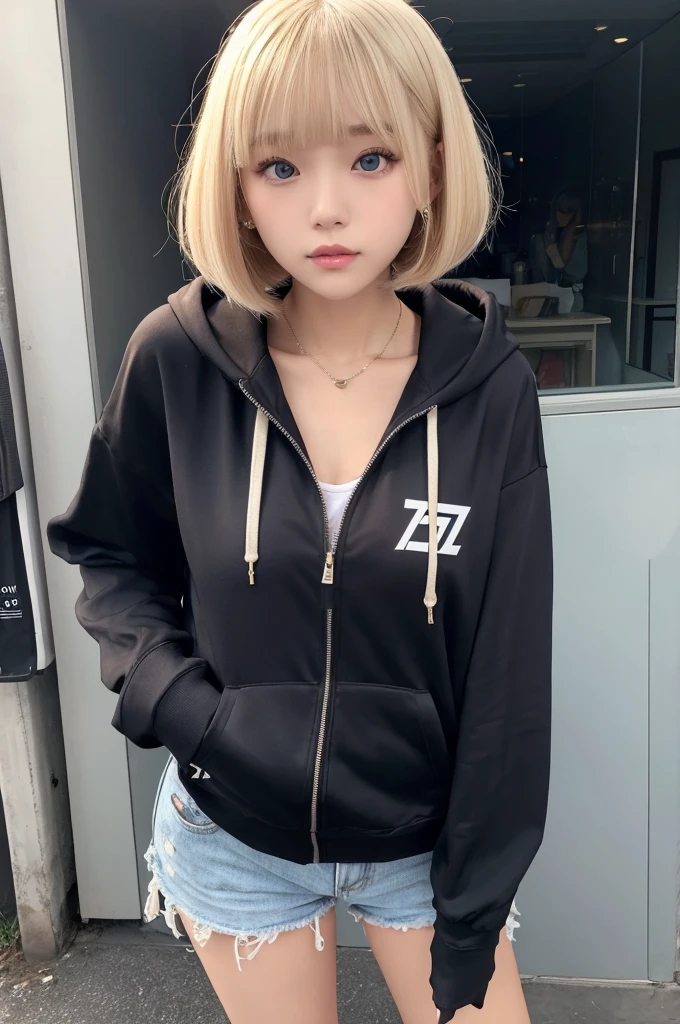 Zip-up hoodie、Shorts、Blonde、Bobcut、Heavy makeup、beautiful girl、Perfect figure、