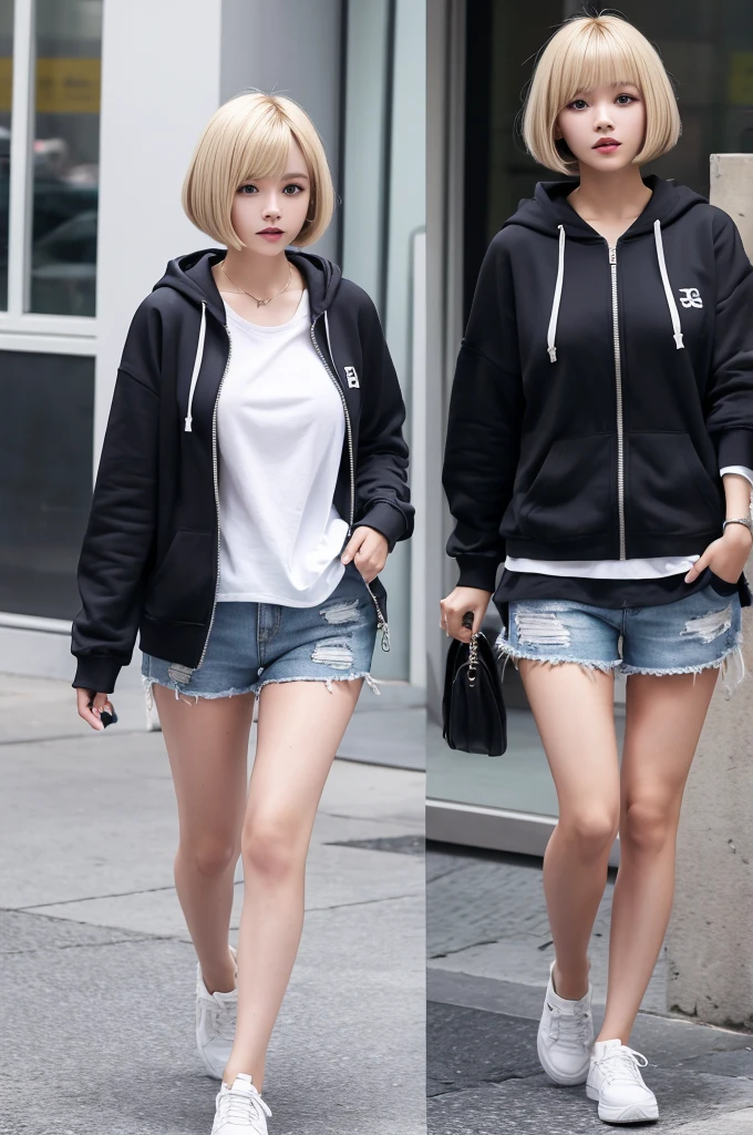 Zip-up hoodie、Shorts、Blonde、Bobcut、Heavy makeup、beautiful girl、Perfect figure、
