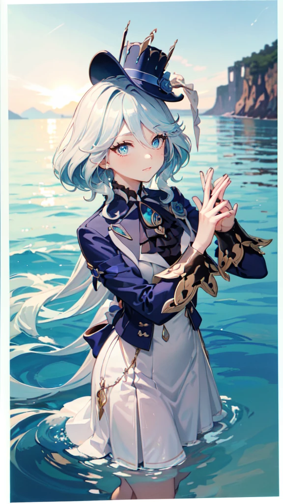(White skirt),(((Wearing a small black hat)))Forrina, Surrealism, 8K, Super Detail, Hydraulic Archon, permanent, Naughty face, smug, beautiful eyes, masterpiece, high resolution, 8K, Anime woman, The writing is delicate and meticulous 、Detailed digital illustration、(((Genshin Impact))、Shiny hair、A very beautiful woman、High image quality, high quality、Detailed background、The inside of the eye sparkles like a diamond、(((Blue Hair)))、(((Scan your fringe)))、Gradient pupil、(((2 arms、4 fingers, 1 thumb)))、Detailed female face、A very beautiful woman、、Detailed background、masterpiece、Soft Focus , Bright gradient watercolor , lens flare , (((flash))) , glow , excellent ,、((Very beautiful light blue rose hair accessories)), Long skirt,Beach Background,Standing in water swimming