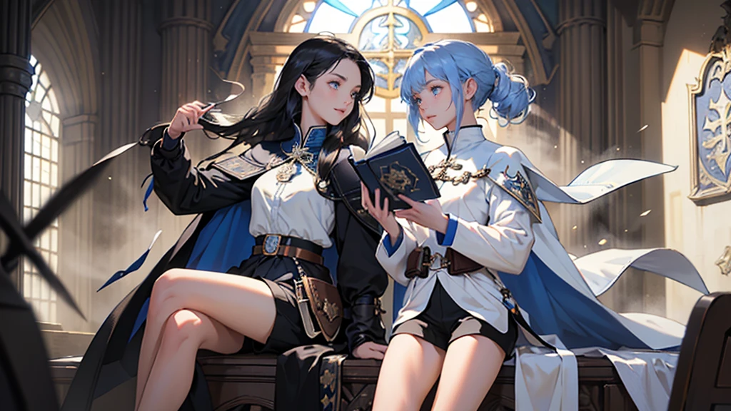 masterpiece, ultra detailed, 8K Portrait, Raw photo, (((((2 girls))))), girls photography, full body, Highly detailed face, ((Fantasy)), 15 years old, (((classmates))), smile, various hairstyles and hair color, (((white long tunic with a single vertical blue line))), (((black shorts))), (((white cape with coat of arms))), (((little waist hip pouch))), leather boots, various pose, ((holding magic book)), In the classroom of the medieval magic school, sitting, Midday Sun, Hyper realistic, Ambient lighting, Shadow details , Camera focus on face, strong breeze, Light fog