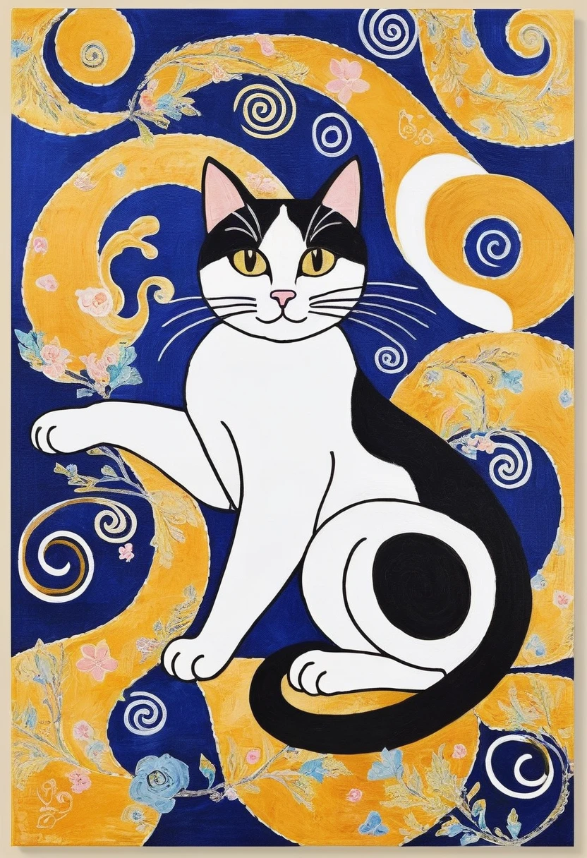 CatCat有不同颜色的两只眼睛，painting of a Cat with a swirly tail, Cat. Cat非常非常漂亮的毛茸茸的艺术