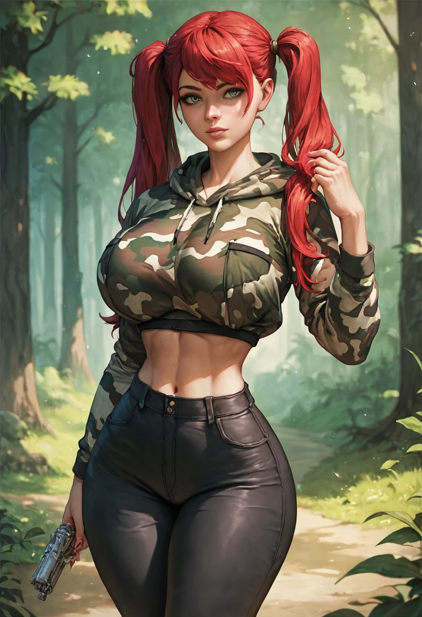 1girl, solo, masterpiece, best quality, detailed, narrow waist, wide hips, large breasts, big ass, score_9, score_8_up, score_7_up, red hair, twintails, long hair, forest, camouflage hoodie, black pants, 