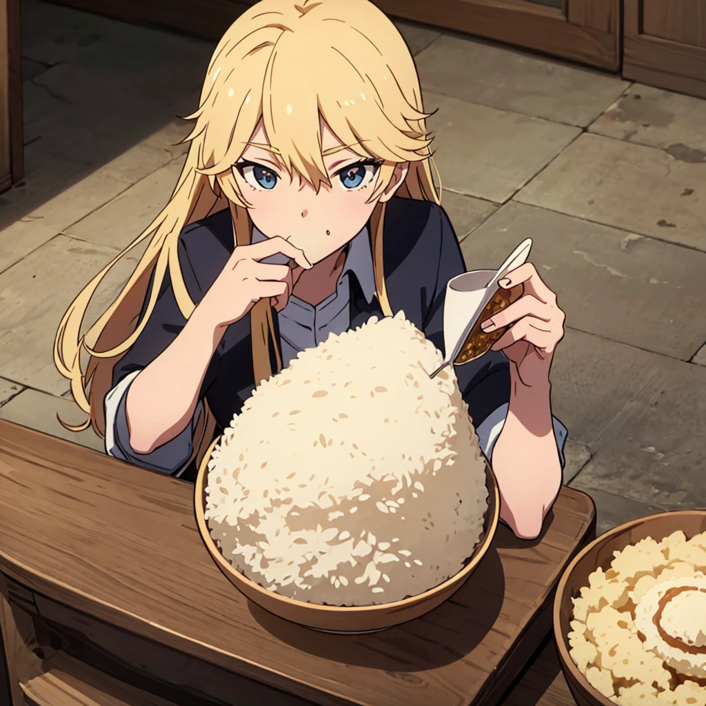 Cute anime illustration of a high school girl in uniform eating white rice
