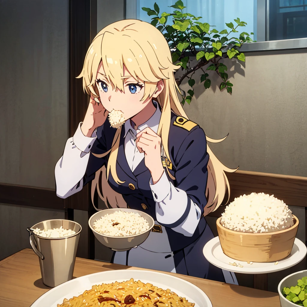 Cute anime illustration of a high school girl in uniform eating white rice