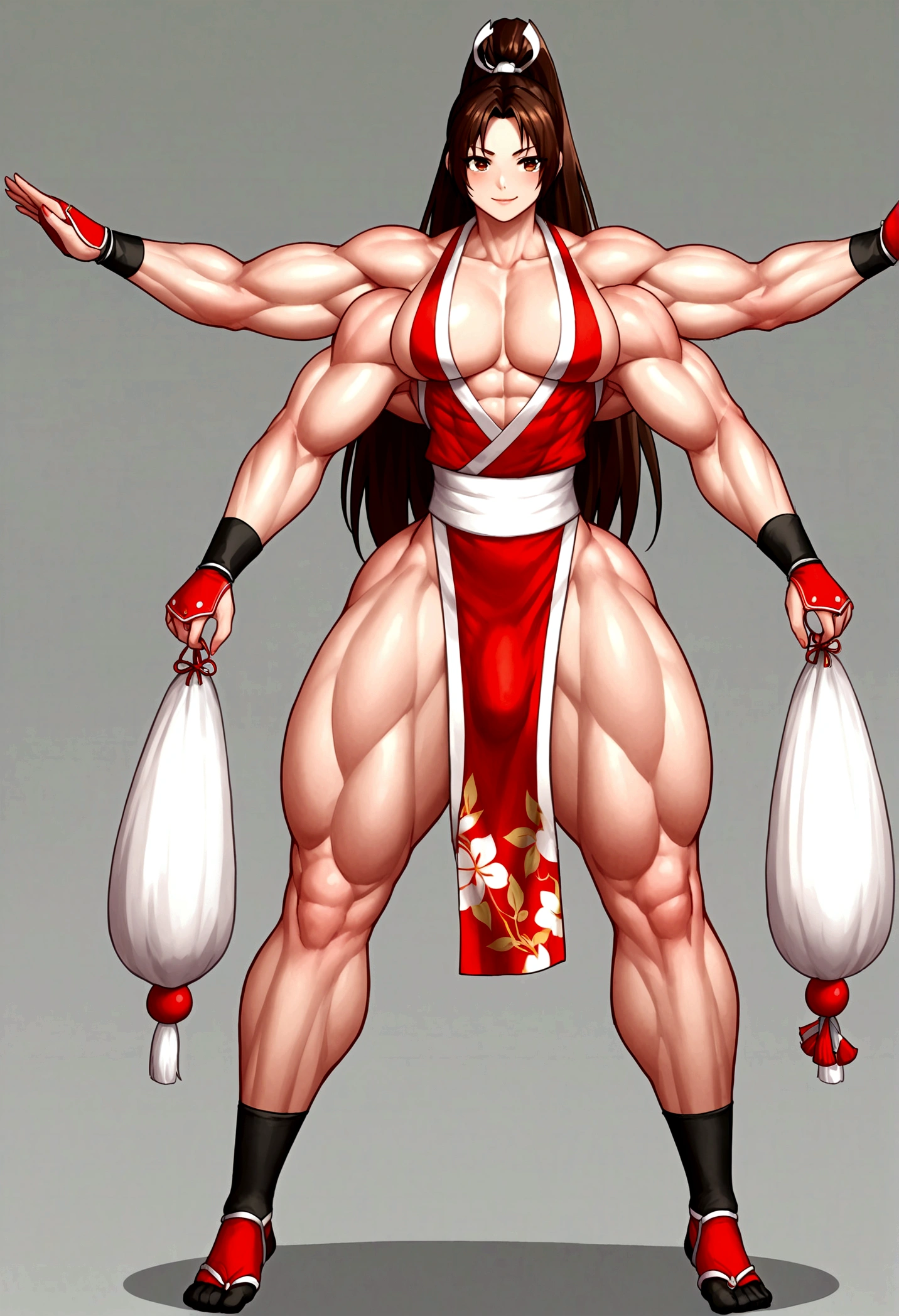 Mai Shiranui femboy, gigantic muscular body, 4 arms, full body.