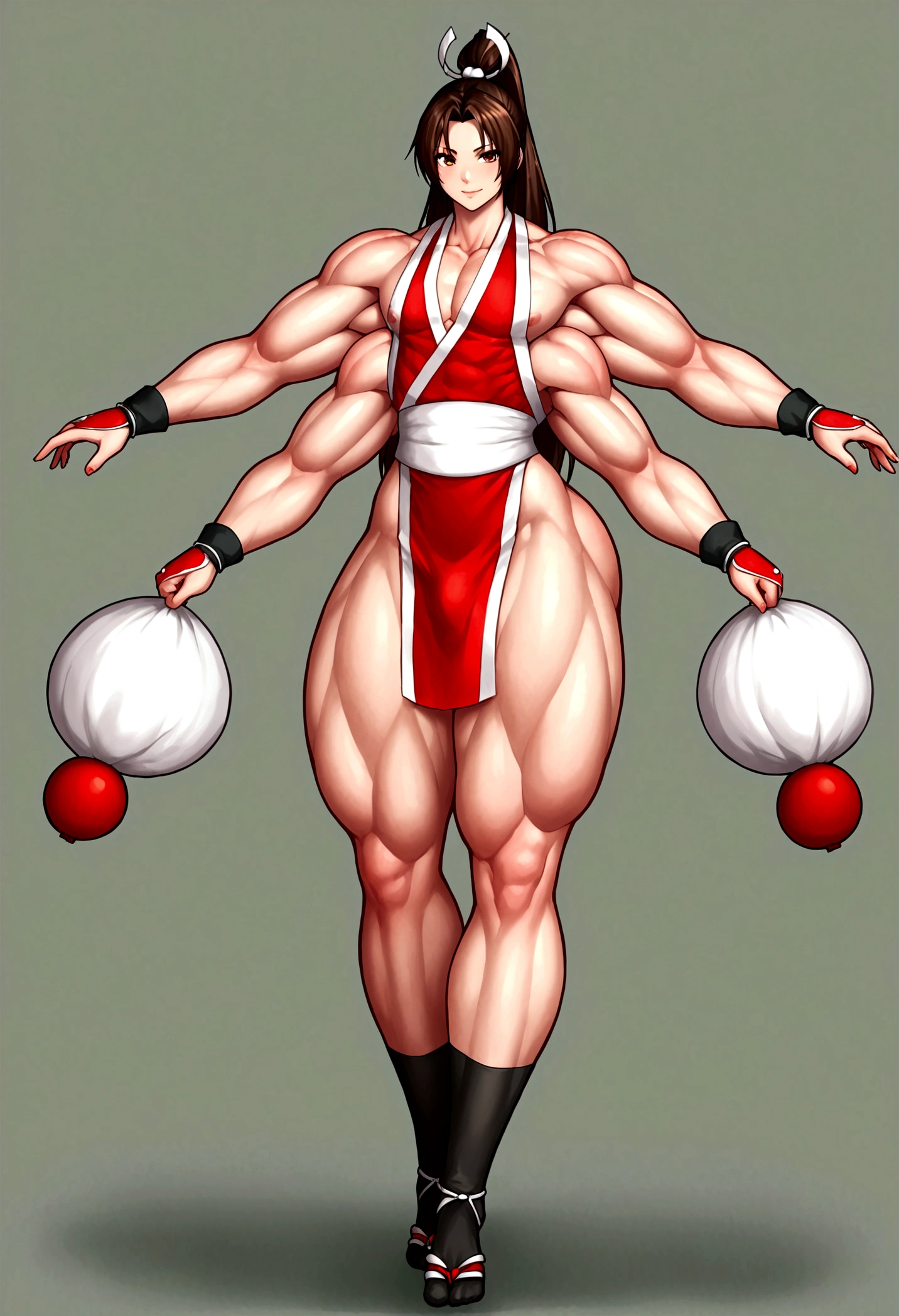 Mai Shiranui femboy, gigantic muscular body, 4 arms, full body.