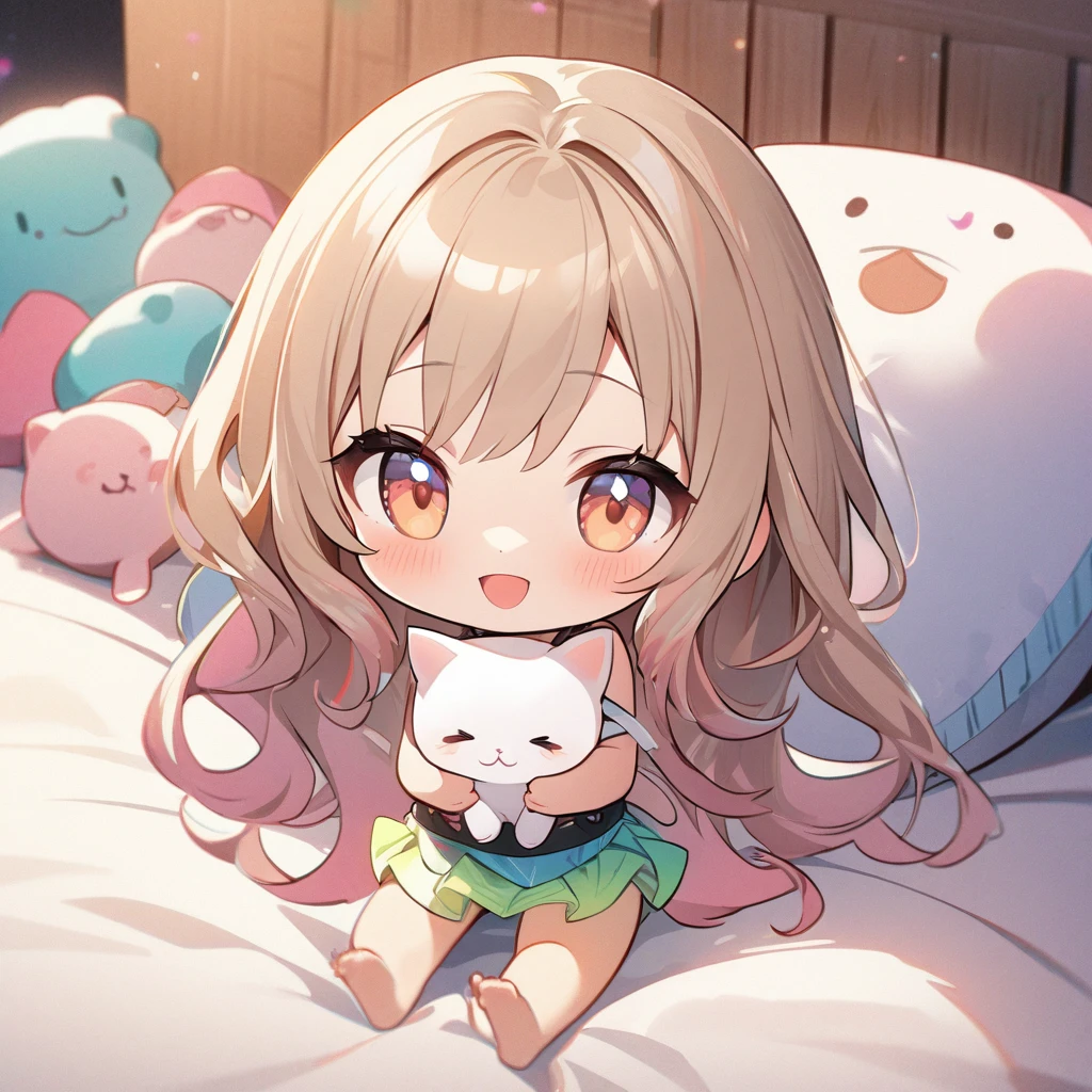 masterpiece、Highest quality、Depth of subject、((2D illustration))、1 beautiful girl、((colorful))、(((chibi style)))、((Long, beautiful hair))、Light brown hair、ribbon、cute、Beautifully detailed eyes、Tank top、((mini skirt))、(((vivid color))、((bed))、stuffed toy、((medium shot))、((Very happy face))、((Holding a kitten))、((There&#39;s a lot of pink around))、((Lens flare))、White light is shining、Sunbeam、My whole body was filled with light、Cinematic lighting、Full body lighting