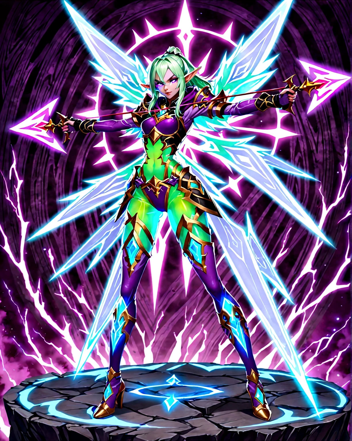 an elf archer lady master from World of Warcraft, perfect face, red-sparkling eye, body armor, purple hoodie suit, glowing suit, big mythical bow, mystical arrow,(accurate image 1.5) tall lady, heels, iconic aiming stance, mystical aura background, super detailed, highres, translucent, fluorescent color
