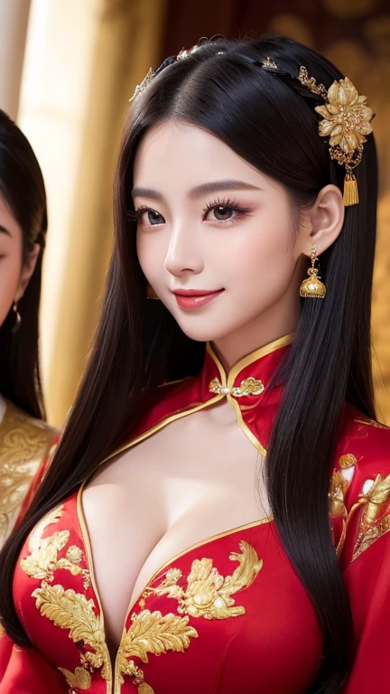 (((Two Chinese beauties)))、((Standing side by side))、21 years old、(Very heavy makeup:1.2)、(Slanted Eyes:1.3)、(long narrow eyes:1.3)、Shiny Hair、Glowing Skin、Very white skin、Jet Black Hair、Straight long hairstyle、Big eyes、Double eyelids、Luxury Chinese palace、(Standing in the palace corridor)、(Golden luxurious hair ornament)、(Patterned costume of a Chinese queen)、Luxurious and gorgeous、(huge breast:1.3)、(Exposed Skin:1.4)、(Smile with your mouth closed)、((The beautiful woman on the right is wearing a bright red outfit))、(((The beauty on the left is wearing a royal blue outfit.)))、(((Bust-up angle)))
