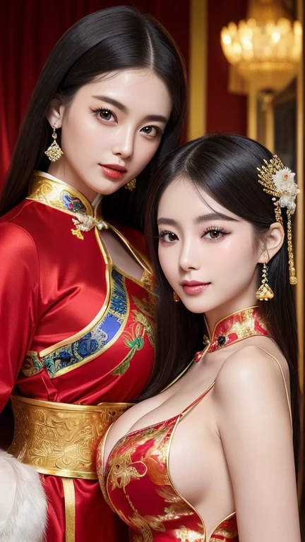 (((Two Chinese beauties)))、((Standing side by side))、21 years old、(Very heavy makeup:1.lanted Eyes:1.3)、(long narrow eyes:1.3)、ShHair、Glowing Skin、Very white skin、Jet Black Hair、Straight long hairstyle、Big eyes、Double eyelids、Luxury Chinese palace、(Standing in the palace corridor)、(Golden luxurious hair ornament)、(Patterned costume of a Chinese queen)、Luxurious and gorgeous、(huge breast:1.posed Skin:1.4)、(Smile with mouth closed)、((The beautiful woman on the right is wearing a bright red outfit))、(((The beauty on the left is wearing a royal blue outfit.)))、(((Bust-up angle)))