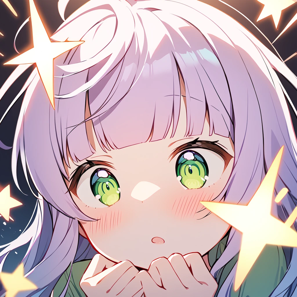 a girl closes her eyes and shouts loudly,a girl with pale purple and blunt bangs hair,green eyes,
