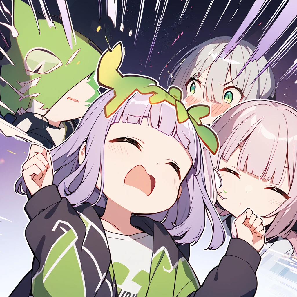 a girl closes her eyes and shouts loudly,a girl with pale purple and blunt bangs hair,green eyes,