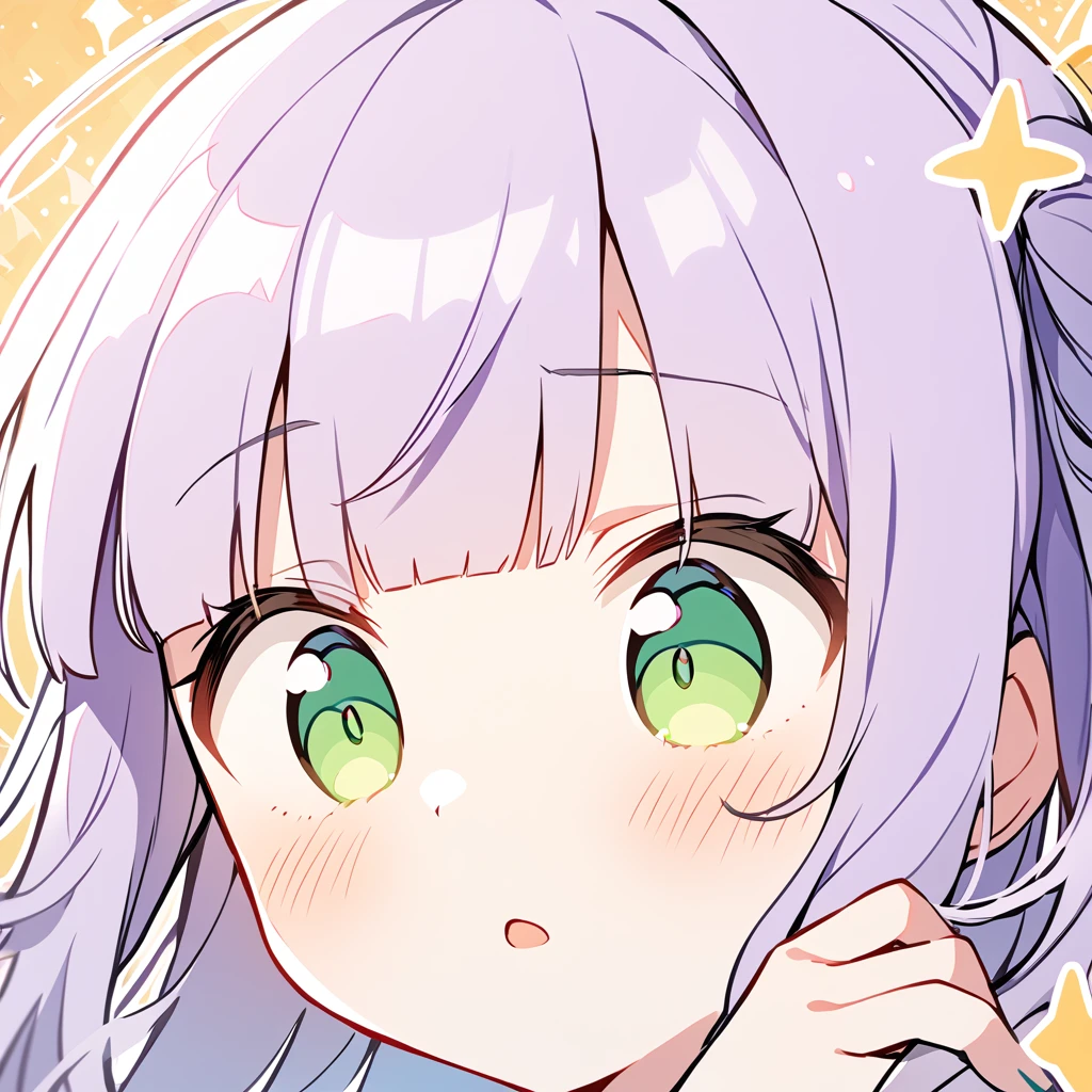 a girl closes her eyes and shouts loudly,a girl with pale purple and blunt bangs hair,green eyes,