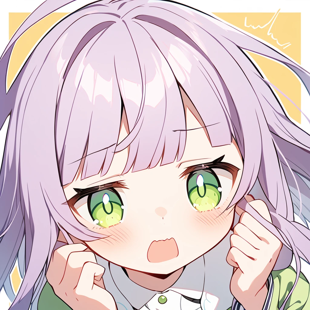 a girl closes her eyes and shouts loudly,a girl with pale purple and blunt bangs hair,green eyes,