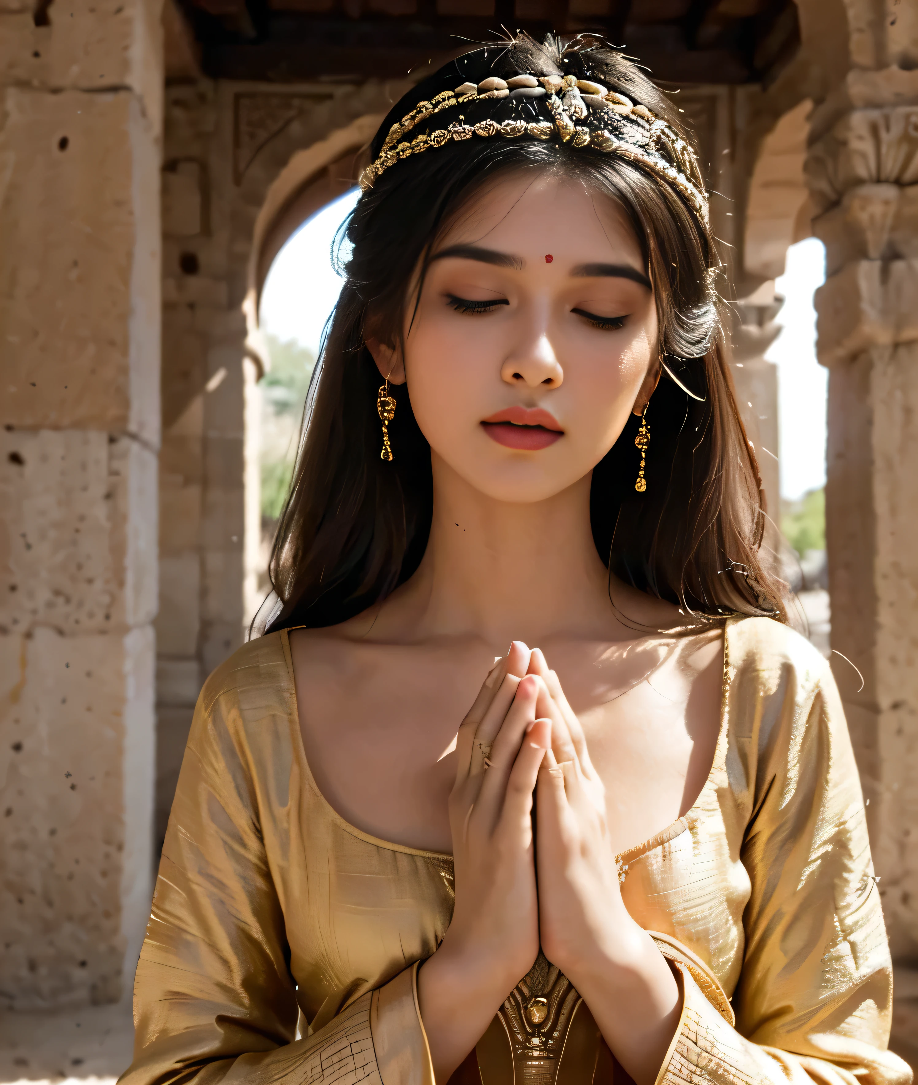 (((roman girl)))  face charming hair natural skin, traditional girl, salwar kameej, worshipping, praying, eyes closed, ((highly detailed face and skin texture, 8k, ultrarealistic))), ((Masterpiece: 1.3, best quality, crisp focus)), temple, hands joined prayer clap