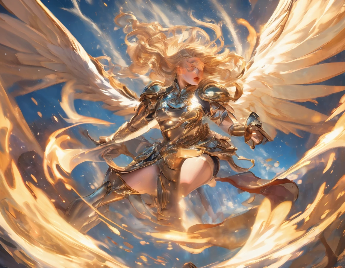 a ((medieval masterwork fresco art: 1.5)) Italian renaissance style, of a 1female angel knight, spread angelic wings, glowing halo soft light, full body shot, ultra detailed face, determined expression, angel of justice and vengeance, blond hair, long hair, dynamic hair style, (wearing armor: 1.2), intricate details, wearing (thigh high heeled boots: 1.1) , (holding divine sword: 1.3), flaming sword, intense details, masterwork sword, dynamic background(Masterpiece: 1.5), Vibrant, Ultra-high resolution, High Contrast, (masterpiece:1.2), highest quality, Best aesthetics), best details, best quality, highres, ultra wide angle, 16k, [ultra detailed], masterpiece, best quality, (extremely detailed), intense gaze, faize, raging nebula, Saint,  drc_style