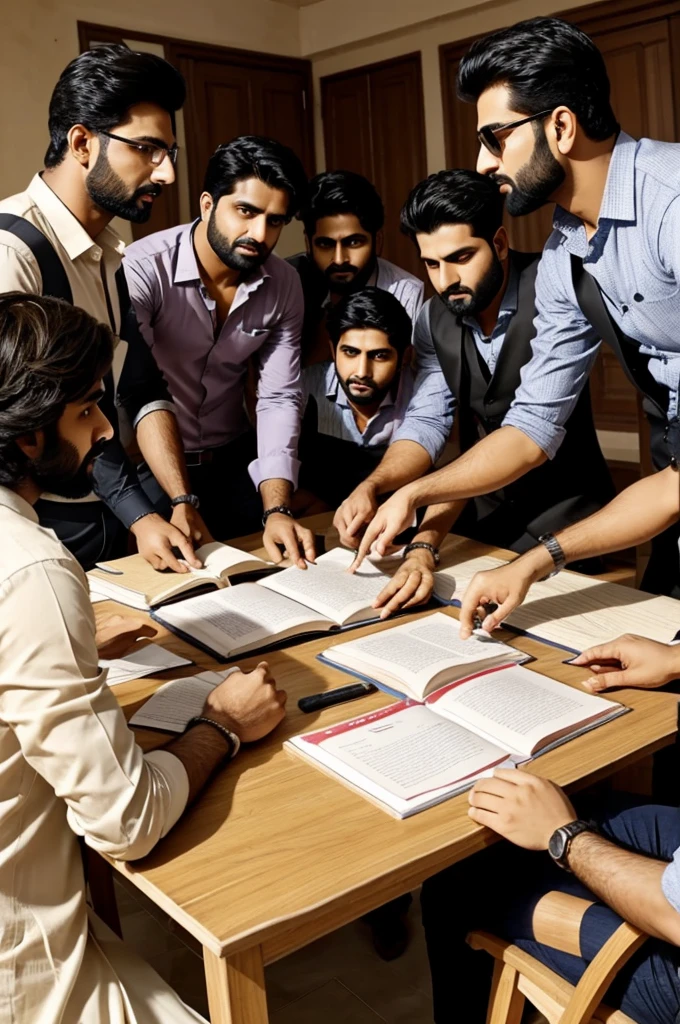 Ek man ka  group  jo kisi project ke bare me batt ker rhe ho uske aas pass book rkhi ho table per aur lamglbh ho 
