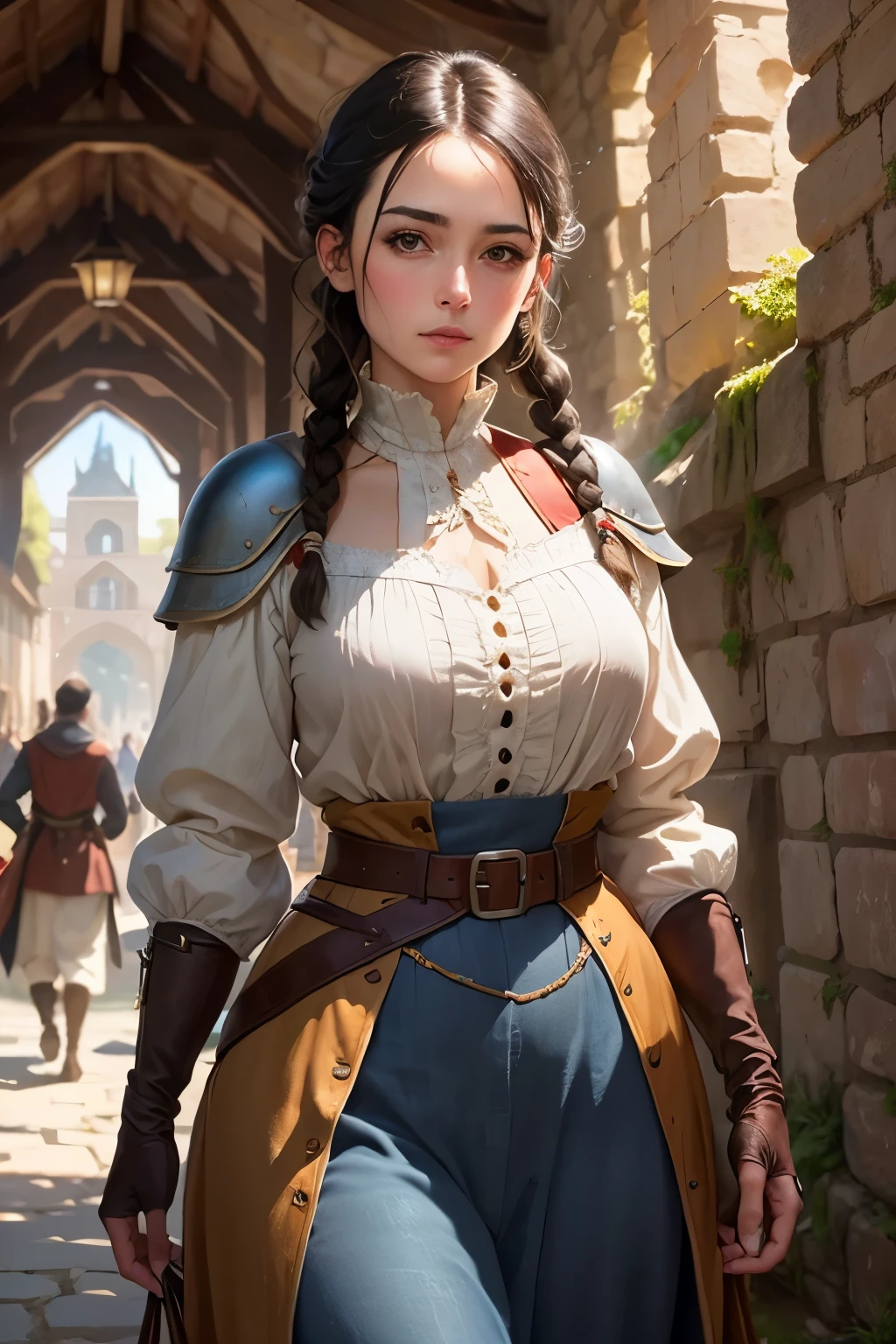 ((best qualityer)), ((work of art)), (detailded), 1 45 year old woman , fantasy RPG medieval commoner peasant , brunette skin, Super detailded, black hair tied up, black hair with braids, European peasant clothing ,commoner ,fully dressed, brown leather clothing, fully dressed, gray gauntlets, gray belts, in the background an old stone building, clear lighting, detailed shadows