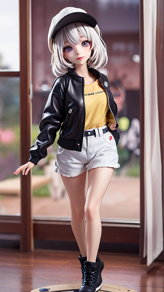 masterpiece, Highest quality, 4K, Ultra-high resolution, mishoujo, Painting, Beautiful eyes and fine face, figure, Beautiful details, high resolution figure, Shine_white_particle, One girl, white hair, Light purple eyes, Hair on one eye, Short side details, Baseball cap,Expressionless, Window Shades, Black jacket, Chest Rig, cyber punk, Techwear,(Impressionism:1.4)