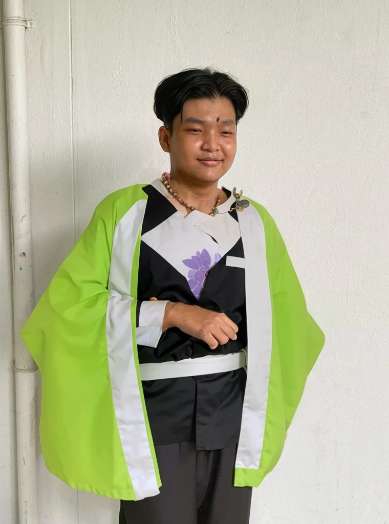 Gyomei wears a traditional Japanese kimono with a long, flowing white robe.
Over the kimono, he dons a sleeveless haori (a traditional Japanese jacket) that is primarily dark green with a geometric pattern.
Belt (Obi):

He wears a wide, dark belt (obi) that secures his kimono and haori.
Beads and Rosary:

One of his most distinctive accessories is a large rosary necklace made of prayer beads, which he often holds in his hands.
Footwear:

Gyomei wears traditional Japanese sandals (zori) with white tabi socks.
Gyomei has short, spiky black hair.
His hair is neatly cut, with the spikes giving it a rugged yet orderly appearance.
Forehead Scar:

Gyomei has a prominent scar running horizontally across his forehead.
The scar is a thin, straight line that goes from one side of his forehead to the other, adding to his rugged and battle-hardened look.