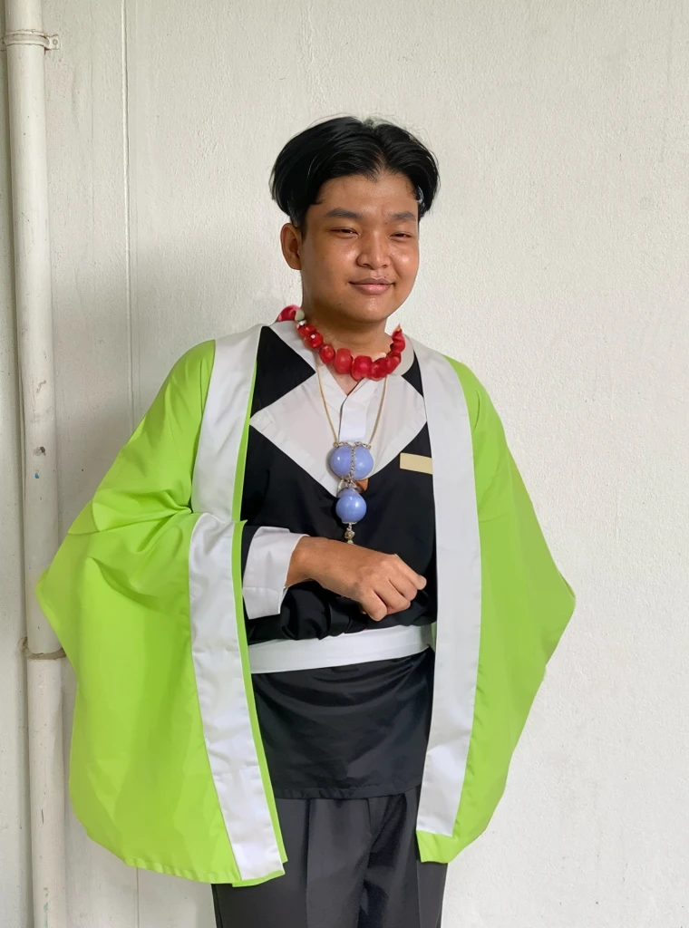 Gyomei wears a traditional Japanese kimono with a long, flowing white robe.
Over the kimono, he dons a sleeveless haori (a traditional Japanese jacket) that is primarily dark green with a geometric pattern.
Belt (Obi):
He wears a wide, dark belt (obi) that secures his kimono and haori.
Beads and Rosary:
One of his most distinctive accessories is a large rosary necklace made of prayer beads, which he often holds in his hands.
Footwear:
Gyomei wears traditional Japanese sandals (zori) with white tabi socks.
Gyomei has short, spiky black hair.
His hair is neatly cut, with the spikes giving it a rugged yet orderly appearance.
Forehead Scar:
Gyomei has a prominent scar running horizontally across his forehead.
The scar is a thin, straight line that goes from one side of his forehead to the other, adding to his rugged and battle-hardened look.
