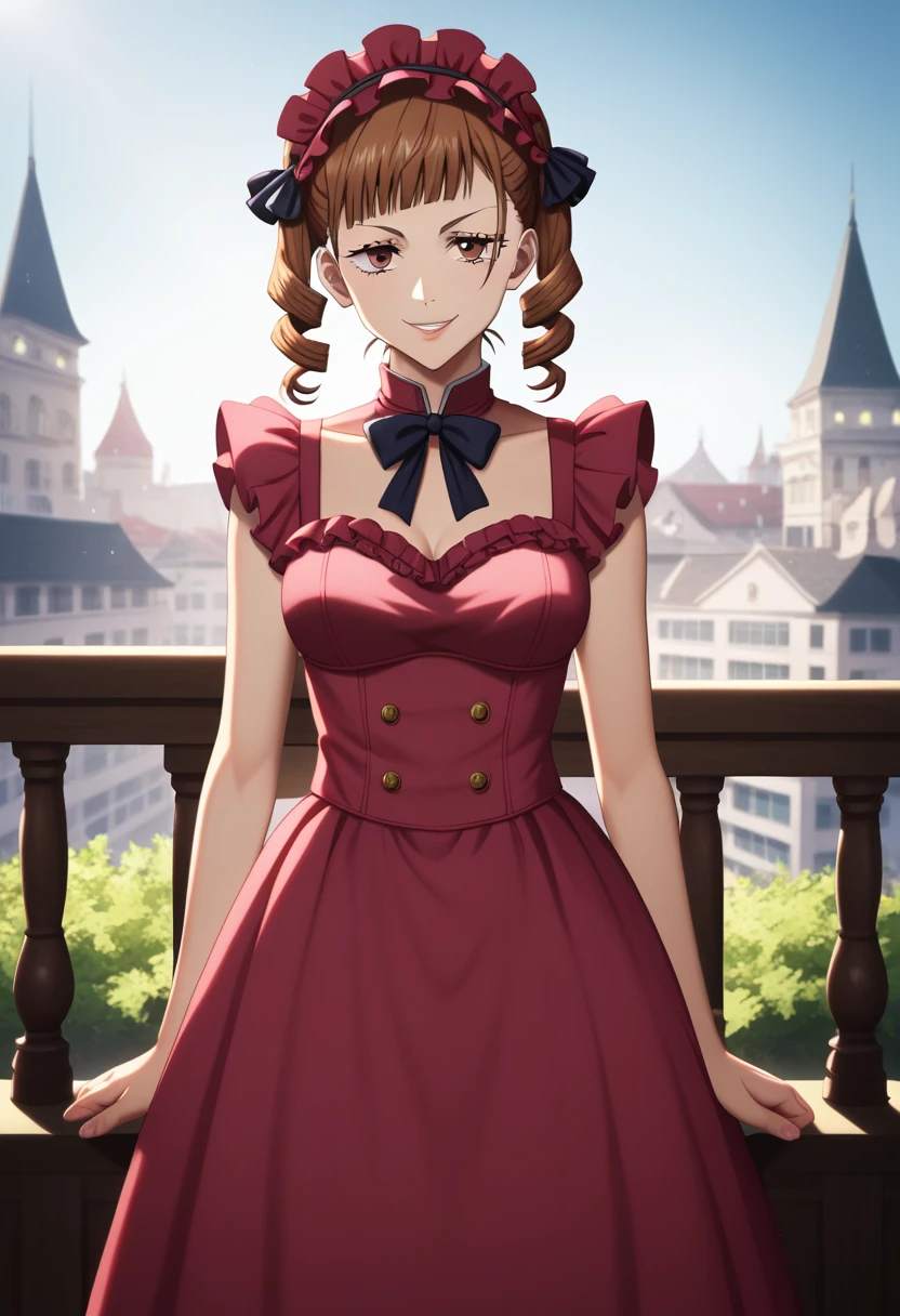 {8k image}, half-body shot, beautiful girl, dark brown hair with bangs, brown eyes, city background, noon, bright lighting, realistic shadows, anime screencap, jujutsu kaisen art style, sweet ta fashion, white and pastel pink loliress, frilly dress, detailed, facing the viewer, pretty face, smirking, pretty, lolita rn headdress, lip gloss, full body shot, mappa, jujutsu kaisen season 2, detailed frilly dress, lazy smile, small face, spiral curls hair, sleepy eyes, cute girl, 18 years old, cute small handbag