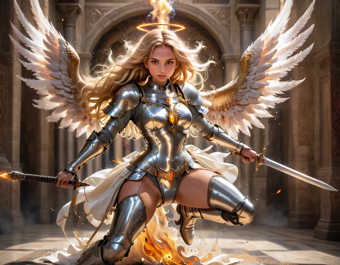 a ((medieval masterwork fresco art: 1.5)) Italian renaissance style, of a 1female angel knight, spread angelic wings, glowing halo soft light, full body shot, ultra detailed face, determined expression, angel of justice and vengeance, blond hair, long hair, dynamic hair style, (wearing armor: 1.2), intricate details, wearing (thigh high heeled boots: 1.1) , (holding divine sword: 1.3), flaming sword, intense details, masterwork sword, dynamic background(Masterpiece: 1.5), Vibrant, Ultra-high resolution, High Contrast, (masterpiece:1.2), highest quality, Best aesthetics), best details, best quality, highres, ultra wide angle, 16k, [ultra detailed], masterpiece, best quality, (extremely detailed), intense gaze, faize, raging nebula, Saint,  drc_style